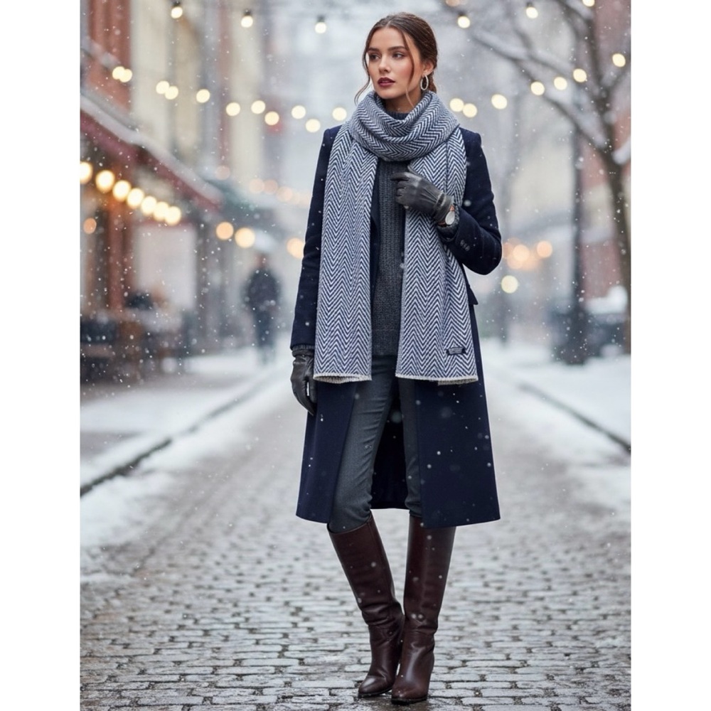 Cashmere Herringbone Handmade Scarf in Navy‎ and Gray
